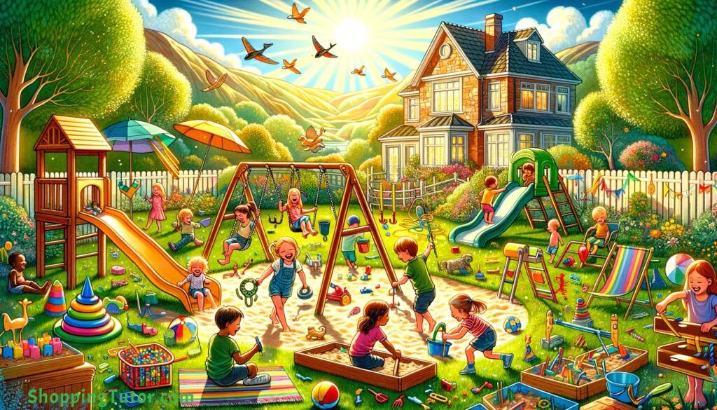 Joyful children engaged in play with a variety of colorful outdoor toys in a sunny backyard.