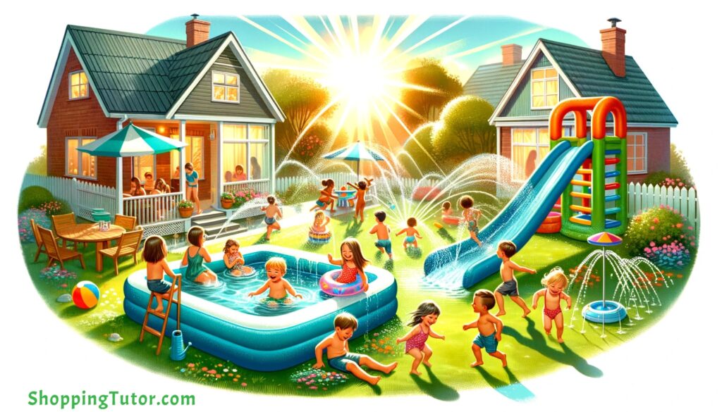 Exuberant children enjoying a water fun zone with inflatable pools, water slides, and sprinklers in a home garden